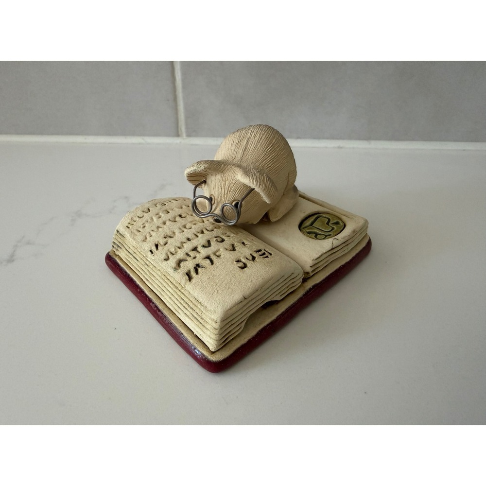 Mouse Reading Book Figurine Ceramic Small Tan Scholar Vintage